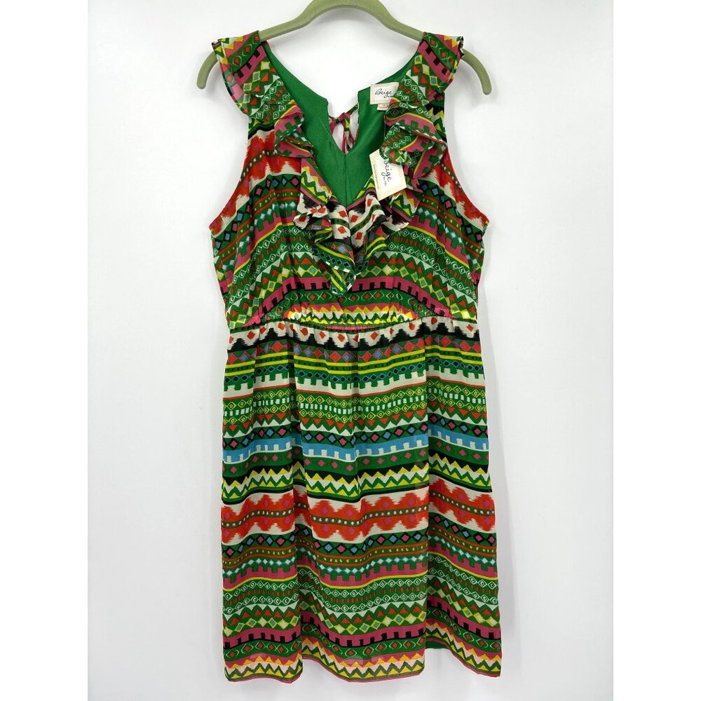 Beige By Eci Dress Green Print Chiffon V-Neck Ruffle Back Tie Size 14 NEW